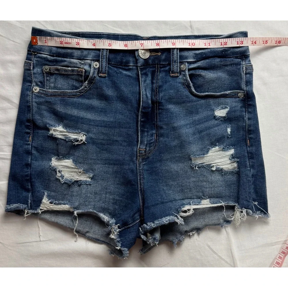 American Eagle Curvy Hi-Rise Shortie Distressed Denim‎ Shorts Blue Womens Size 4